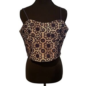 JOA Just One Answer Navy Lace Cropped Cami Top Size L Embroidered Romantic Chic